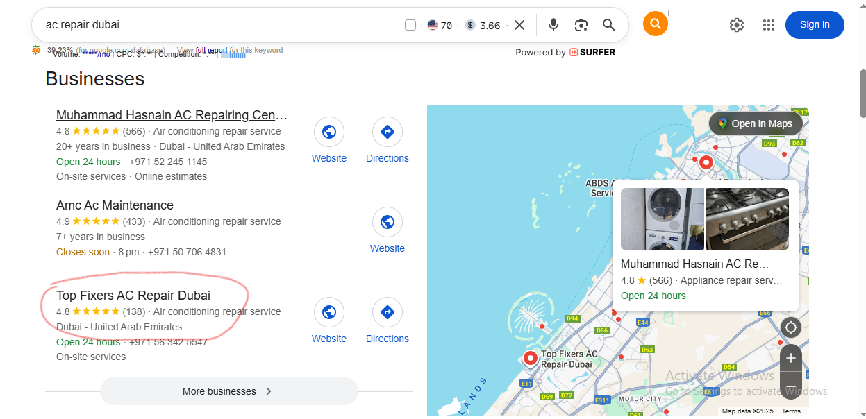 Google Map Pack Results showing Top 3 ranking